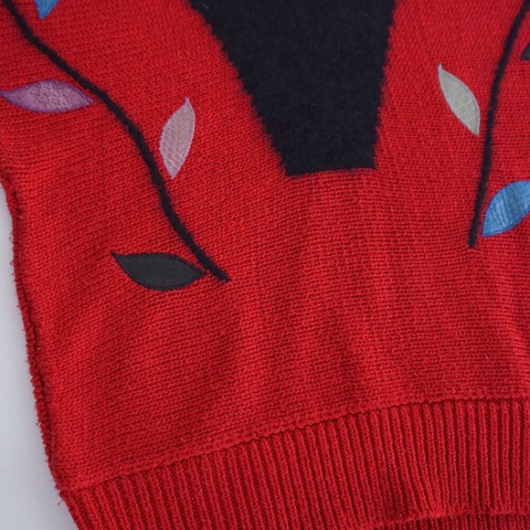 Vintage Franco Valeri Red Knit Black V-Neck Details Colourful Leaves Sweater S - Picture 7 of 11